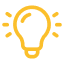Yellow light bulb icon, with lines radiating outward, suggesting an idea or inspiration. Simple and modern design.