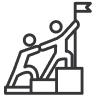 Icon of two stick figures; one climbs up a pedestal to a flag while helping the other. Represents teamwork and achievement.