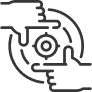 Outlined hands form a rectangle around a circular target, symbolizing focus and collaboration in a minimalistic style.